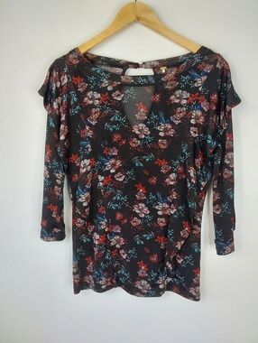 Free People Dock Street Floral Ruffle Trim 3/4 Sleeve Top Boho Whimsigoth